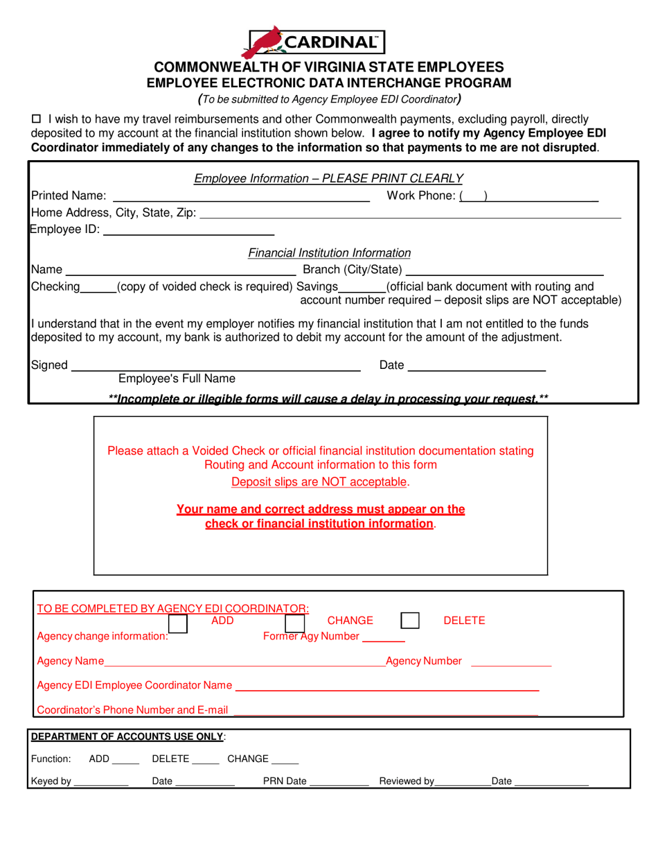Cardinal State Employee Edi Enrollment Form - Virginia, Page 1