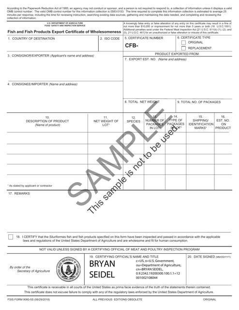 FSIS Form 9060-5S Fish and Fish Products Export Certificate of Wholesomeness