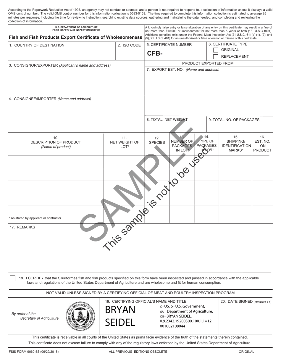 FSIS Form 9060-5S Fish and Fish Products Export Certificate of Wholesomeness, Page 1