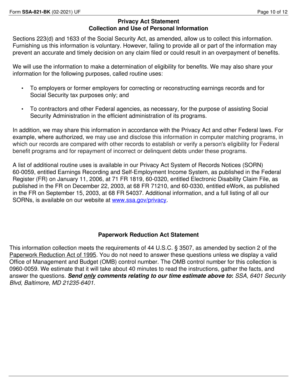 Form SSA-821-BK Work Activity Report - Employee, Page 10