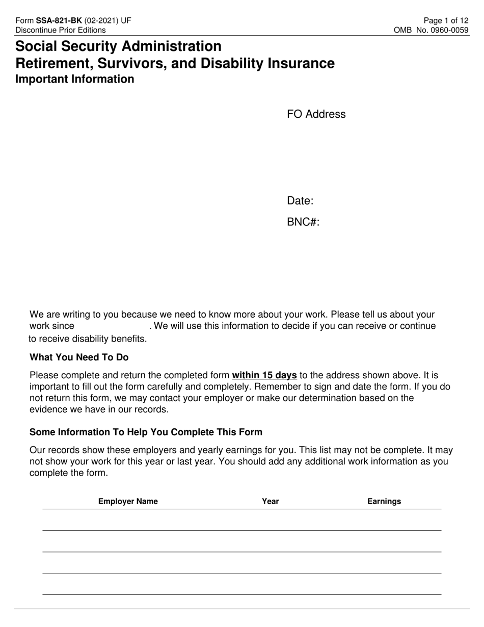 Form SSA-821-BK Work Activity Report - Employee, Page 1