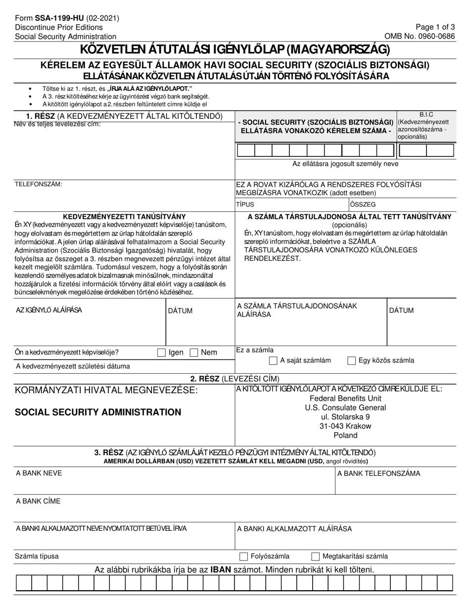 Form SSA-1199-HU-OP1 Direct Deposit Sign up Form (Hungary) (Hungarian), Page 1