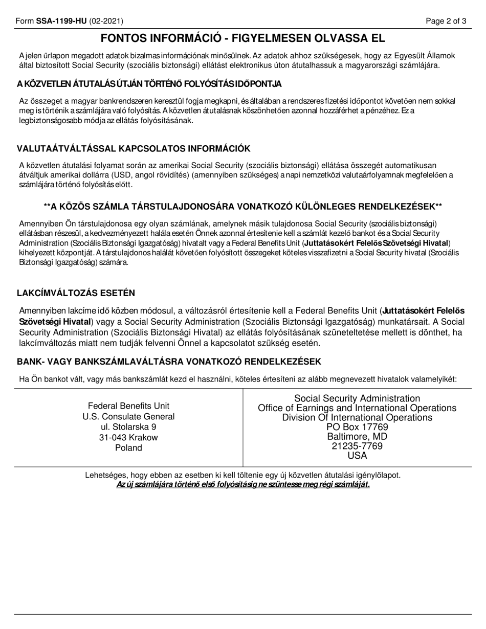 Form SSA-1199-HU-OP1 Direct Deposit Sign up Form (Hungary) (Hungarian), Page 2