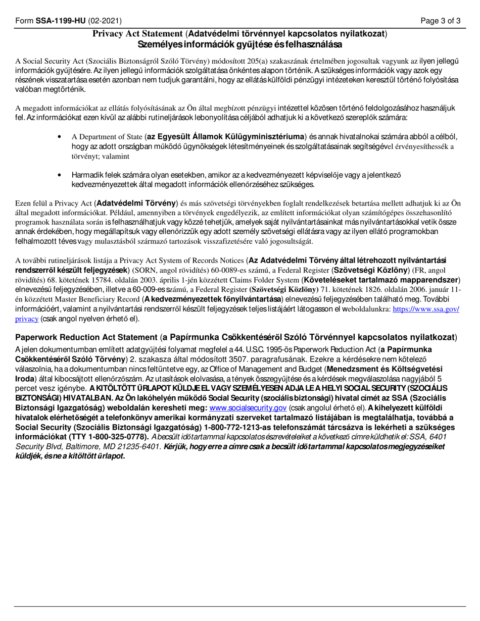 Form SSA-1199-HU-OP1 Direct Deposit Sign up Form (Hungary) (Hungarian), Page 3