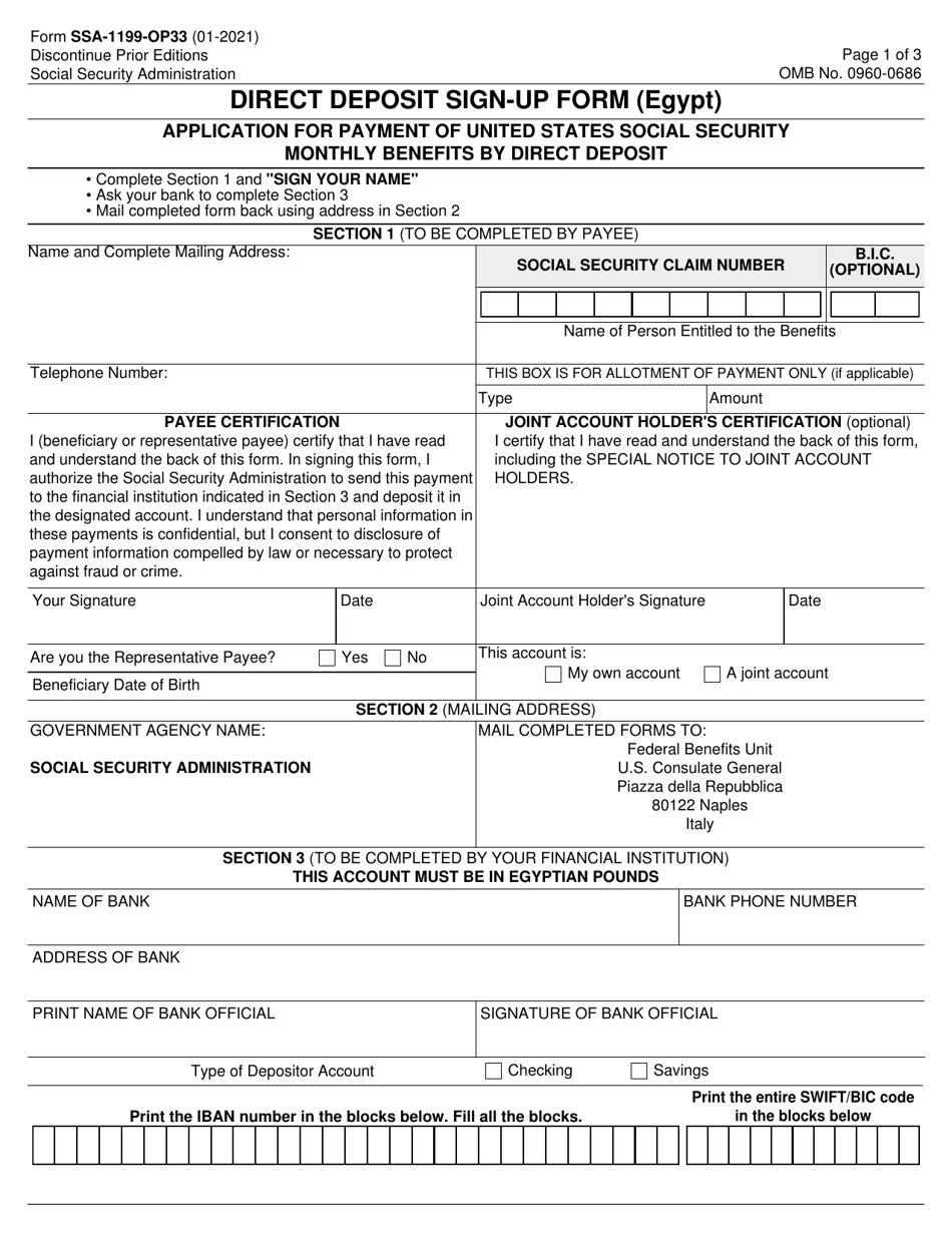 Form SSA-1199-OP33 Direct Deposit Sign up Form (Egypt), Page 1