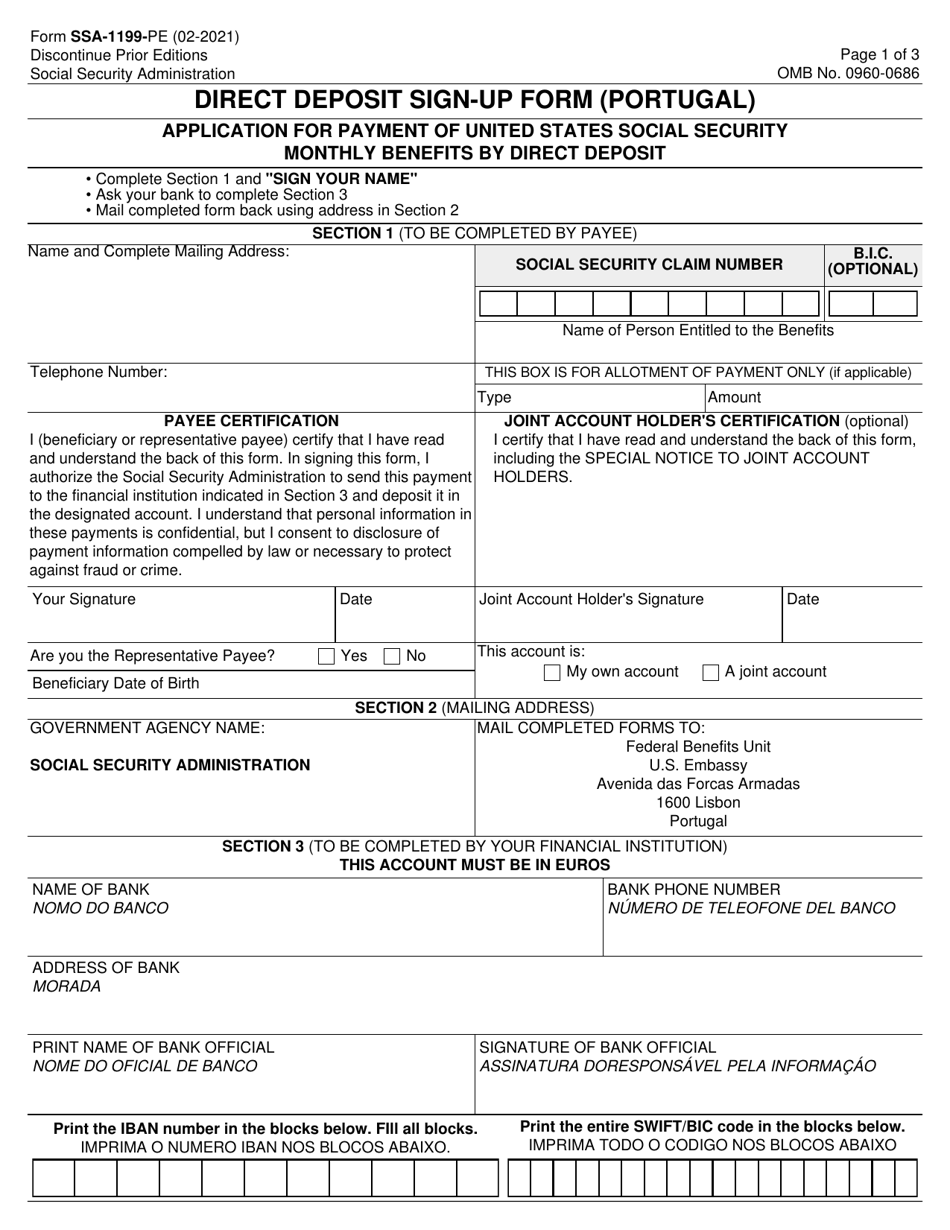 Form SSA-1199-PE Direct Deposit Sign up Form (Portugal), Page 1