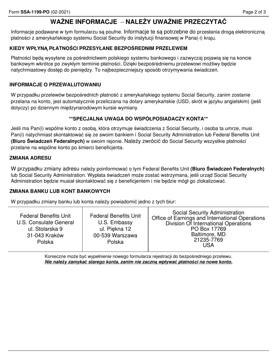 Form SSA-1199-PO-OP1 Direct Deposit Sign up Form (Poland) (Polish), Page 2