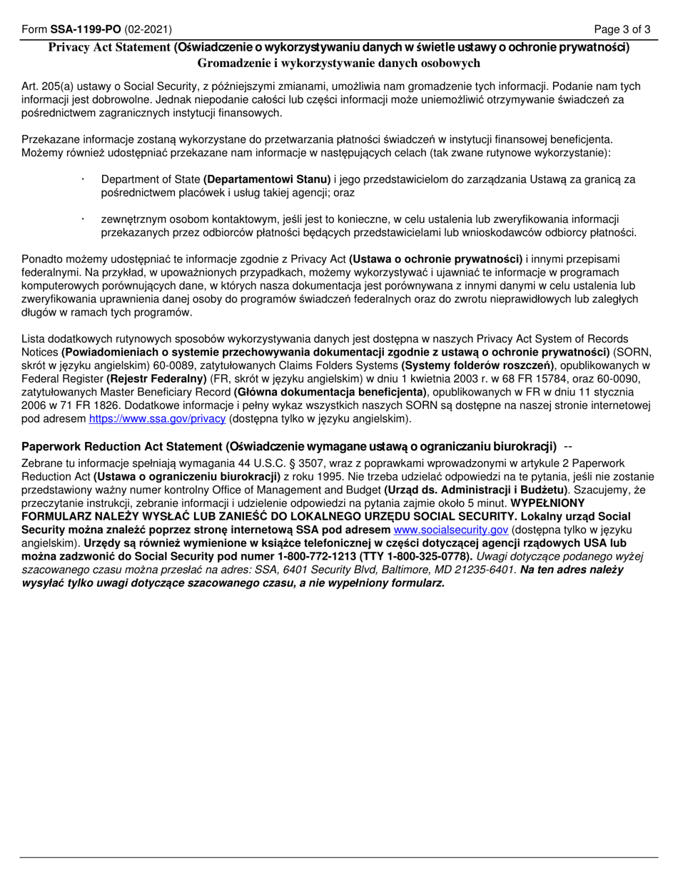 Form SSA-1199-PO-OP1 Direct Deposit Sign up Form (Poland) (Polish), Page 3