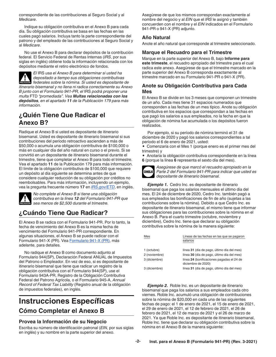 Instrucciones para IRS Formulario 941-PR Anexo B Registro De La Obligacion Contributiva Para Los Depositantes De Itinerario Bisemanal (Puerto Rican Spanish), Page 2