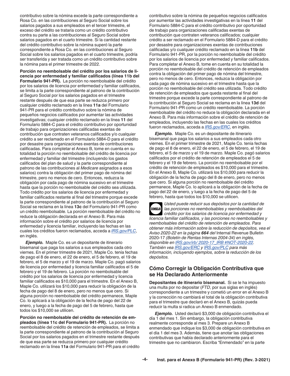 Instrucciones para IRS Formulario 941-PR Anexo B Registro De La Obligacion Contributiva Para Los Depositantes De Itinerario Bisemanal (Puerto Rican Spanish), Page 4