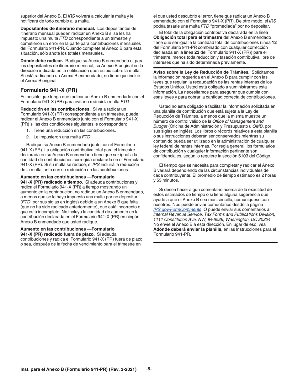 Instrucciones para IRS Formulario 941-PR Anexo B Registro De La Obligacion Contributiva Para Los Depositantes De Itinerario Bisemanal (Puerto Rican Spanish), Page 5