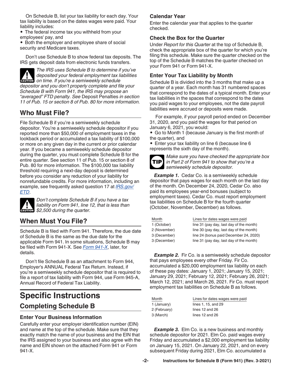 Instructions for IRS Form 941 Schedule B Report of Tax Liability for Semiweekly Schedule Depositors, Page 2