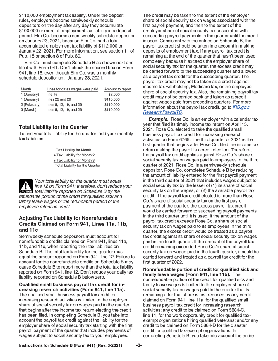 Instructions for IRS Form 941 Schedule B Report of Tax Liability for Semiweekly Schedule Depositors, Page 3