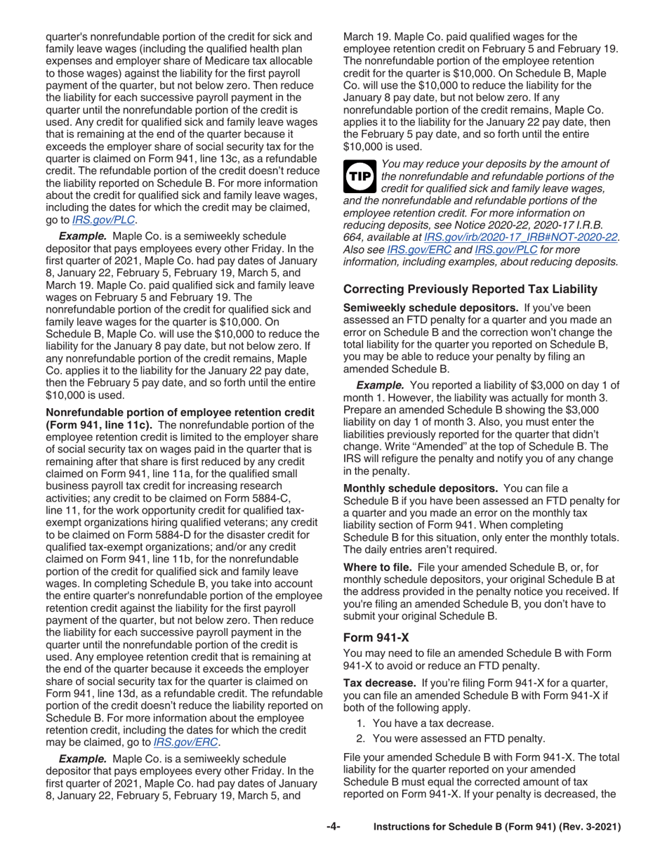 Instructions for IRS Form 941 Schedule B Report of Tax Liability for Semiweekly Schedule Depositors, Page 4