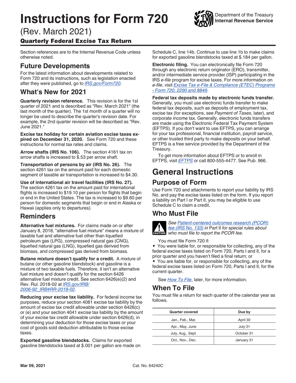 Download Instructions for IRS Form 720 Quarterly Federal Excise Tax