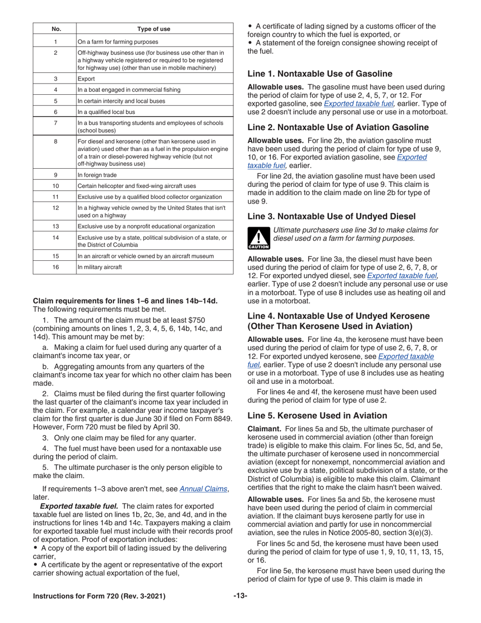 Instructions for IRS Form 720 Quarterly Federal Excise Tax Return, Page 13
