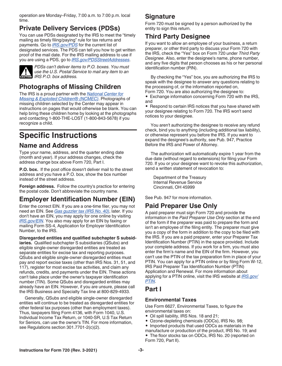 Instructions for IRS Form 720 Quarterly Federal Excise Tax Return, Page 3