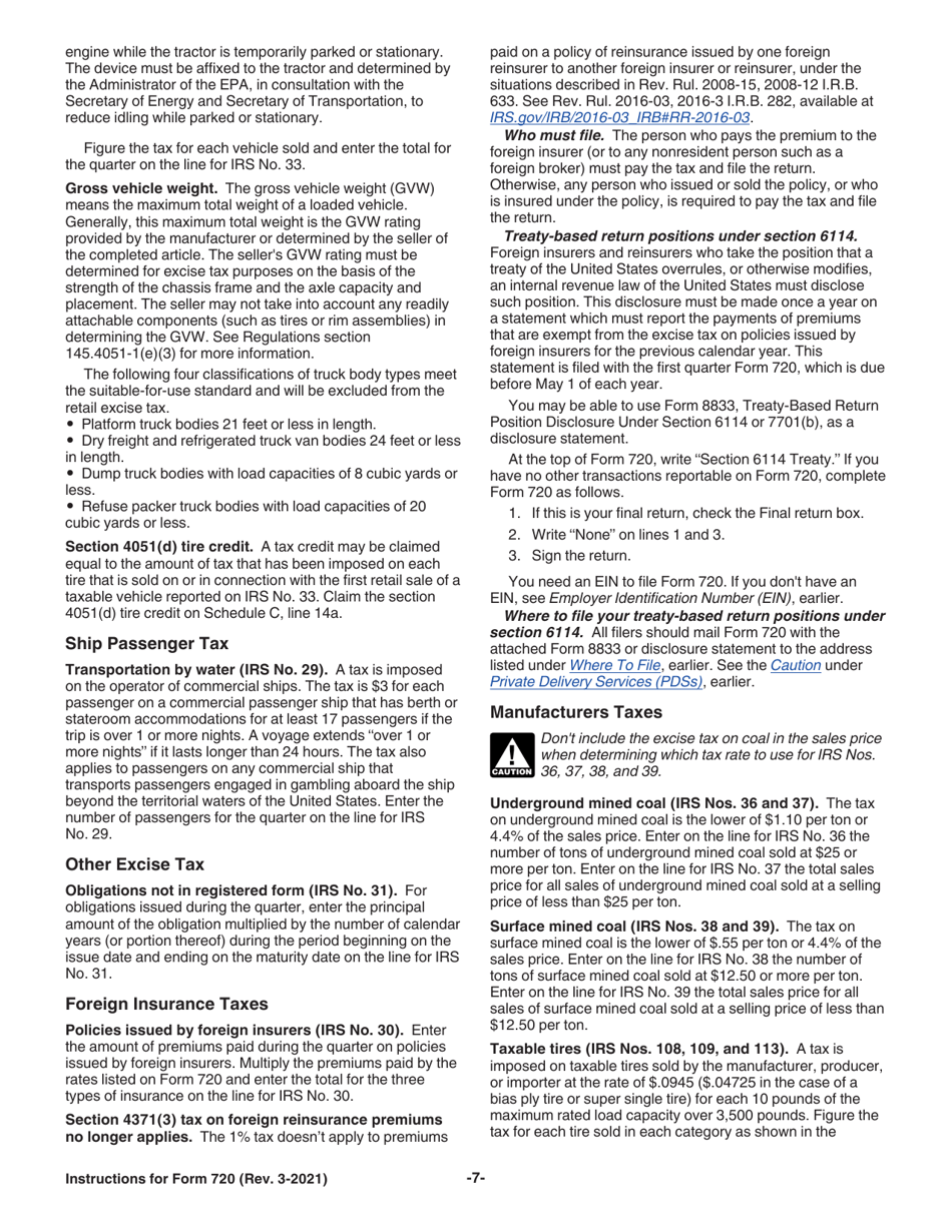 Instructions for IRS Form 720 Quarterly Federal Excise Tax Return, Page 7