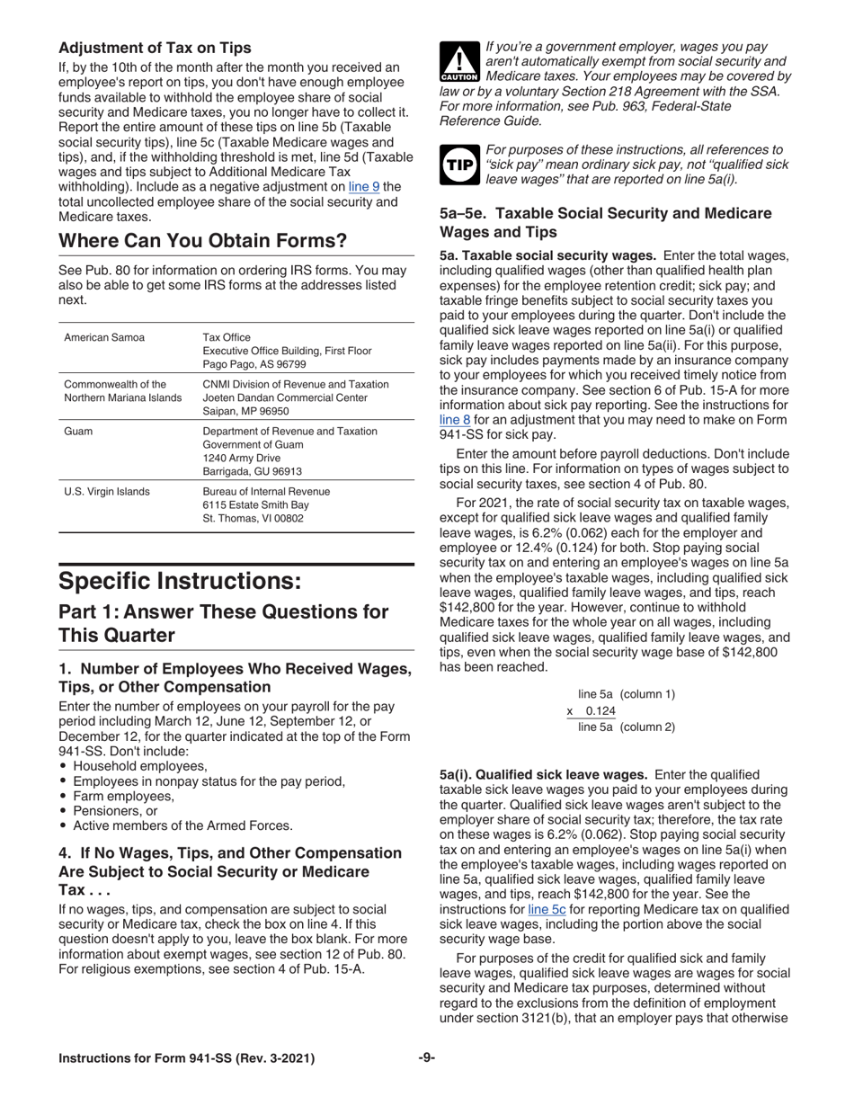 Instructions for IRS Form 941-SS Employers Quarterly Federal Tax Return - American Samoa, Guam, the Commonwealth of the Northern Mariana Islands, and the U.S. Virgin Islands, Page 9