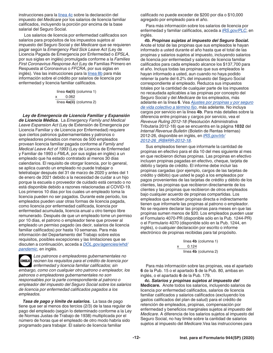 Instrucciones para IRS Formulario 944(SP) Declaracion Federal Anual De Impuestos Del Patrono O Empleador (Spanish), Page 12