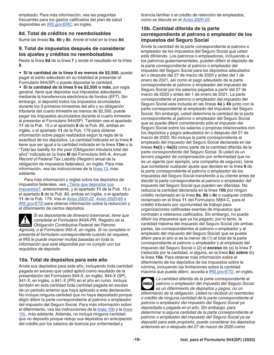 Instrucciones para IRS Formulario 944(SP) Declaracion Federal Anual De Impuestos Del Patrono O Empleador (Spanish), Page 16