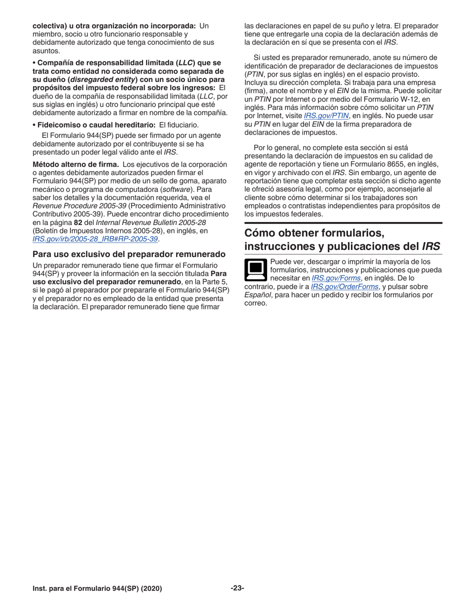 Instrucciones para IRS Formulario 944(SP) Declaracion Federal Anual De Impuestos Del Patrono O Empleador (Spanish), Page 23