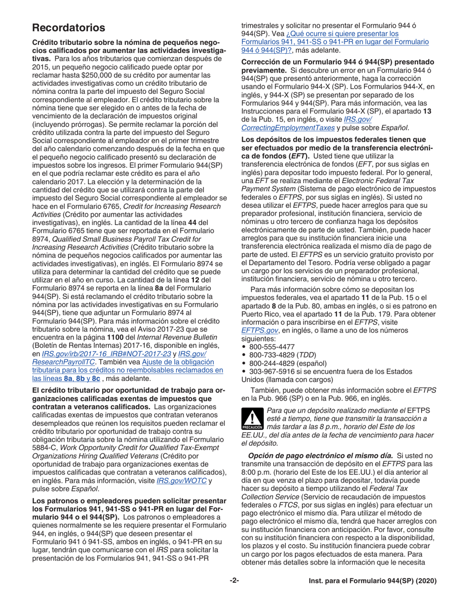 Instrucciones para IRS Formulario 944(SP) Declaracion Federal Anual De Impuestos Del Patrono O Empleador (Spanish), Page 2