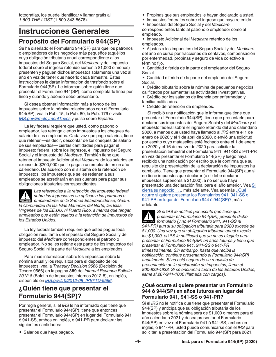 Instrucciones para IRS Formulario 944(SP) Declaracion Federal Anual De Impuestos Del Patrono O Empleador (Spanish), Page 4