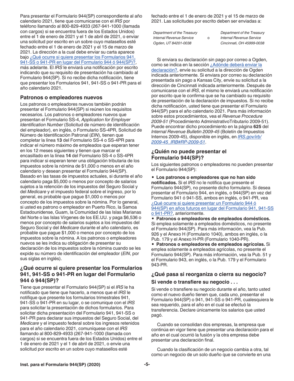 Instrucciones para IRS Formulario 944(SP) Declaracion Federal Anual De Impuestos Del Patrono O Empleador (Spanish), Page 5