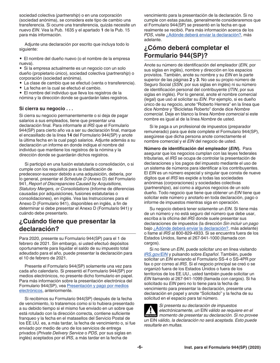 Instrucciones para IRS Formulario 944(SP) Declaracion Federal Anual De Impuestos Del Patrono O Empleador (Spanish), Page 6