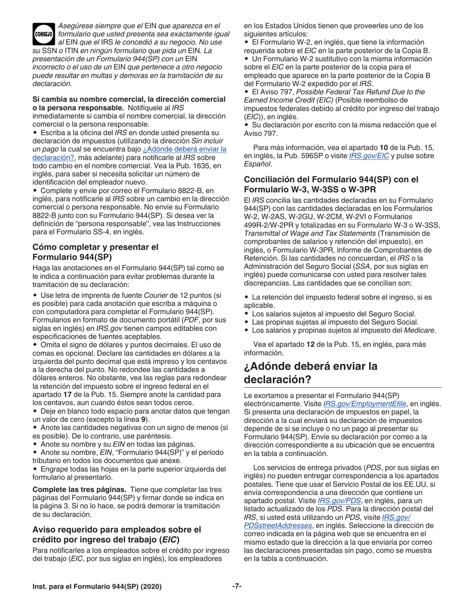 Instrucciones para IRS Formulario 944(SP) Declaracion Federal Anual De Impuestos Del Patrono O Empleador (Spanish), Page 7