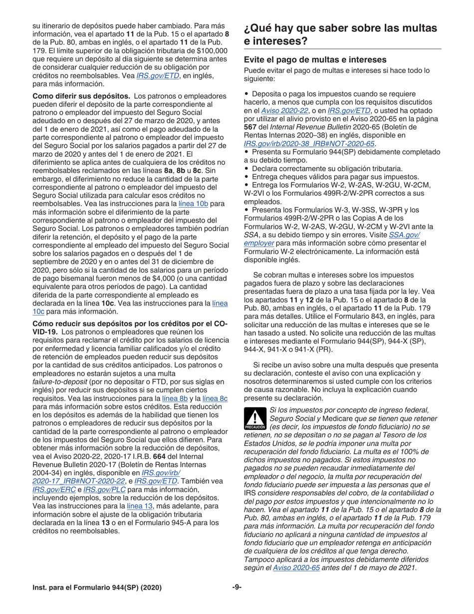 Instrucciones para IRS Formulario 944(SP) Declaracion Federal Anual De Impuestos Del Patrono O Empleador (Spanish), Page 9