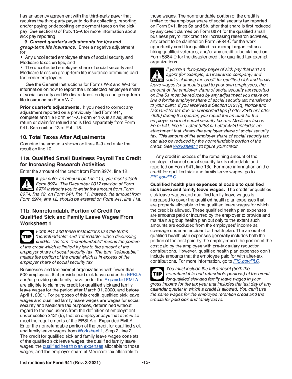 Instructions for IRS Form 941 Employers Quarterly Federal Tax Return, Page 13