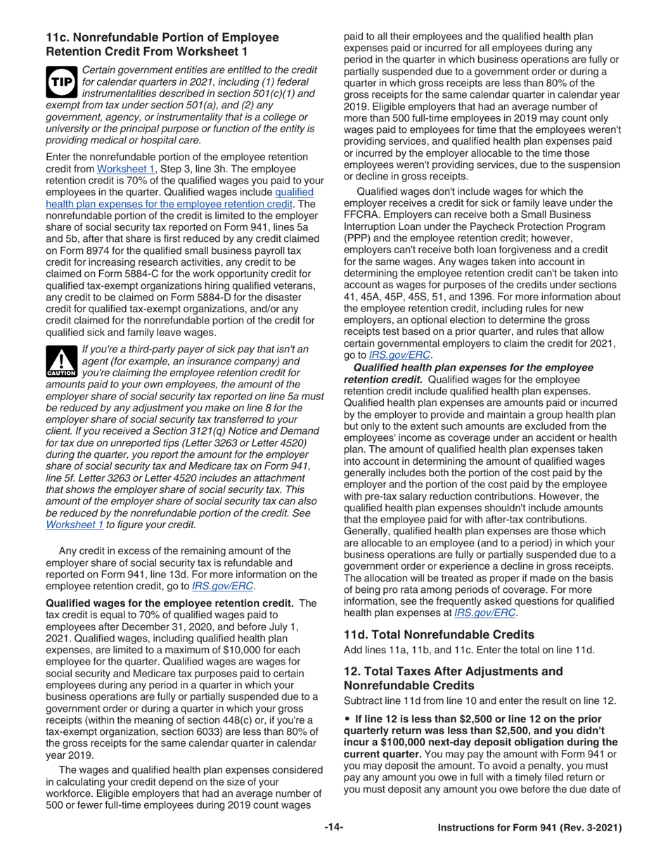 Instructions for IRS Form 941 Employers Quarterly Federal Tax Return, Page 14