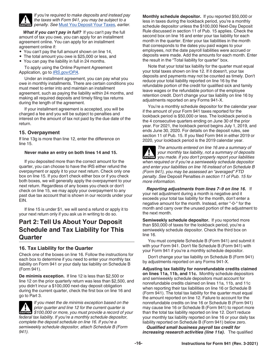 Instructions for IRS Form 941 Employers Quarterly Federal Tax Return, Page 16