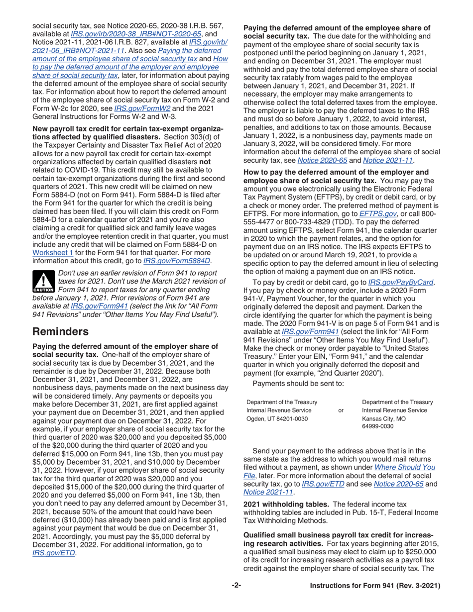 Instructions for IRS Form 941 Employers Quarterly Federal Tax Return, Page 2