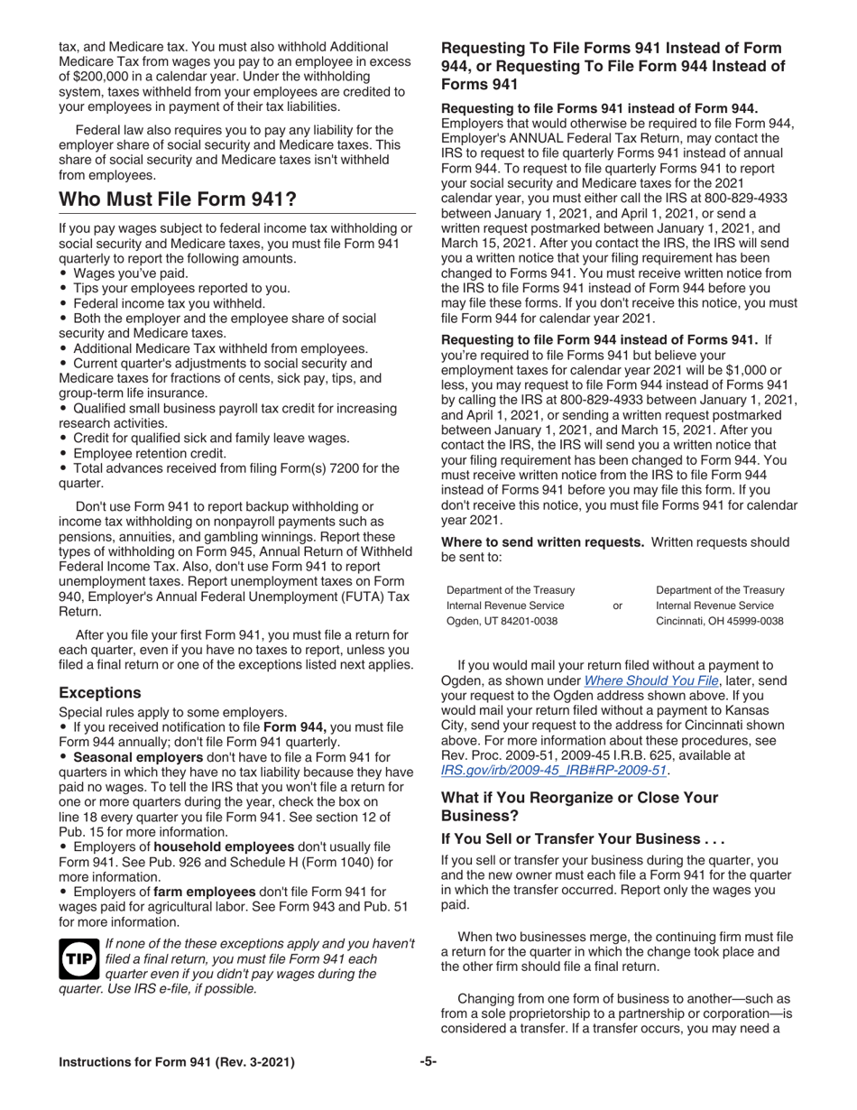 Instructions for IRS Form 941 Employers Quarterly Federal Tax Return, Page 5