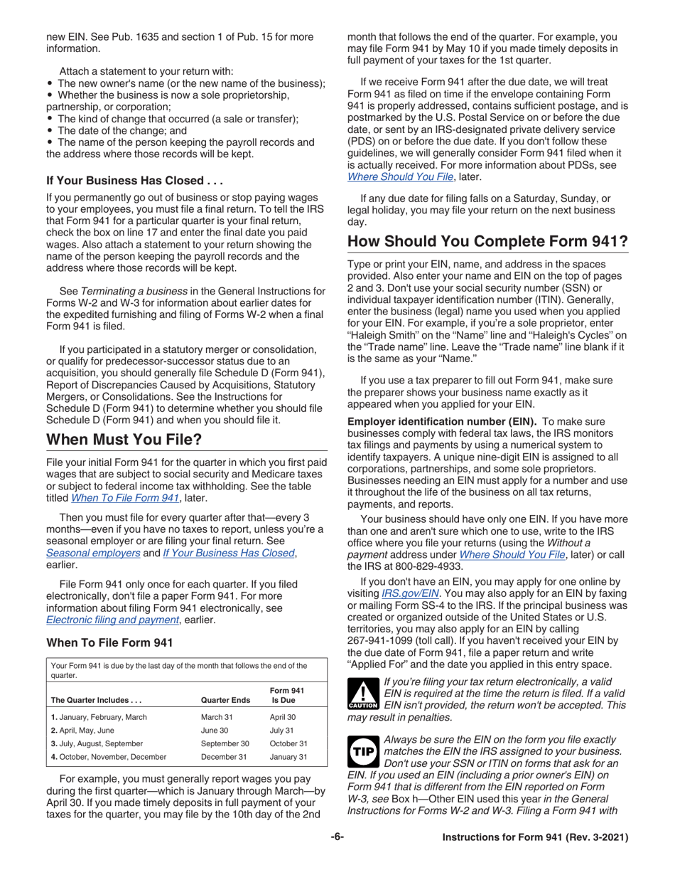 Instructions for IRS Form 941 Employers Quarterly Federal Tax Return, Page 6