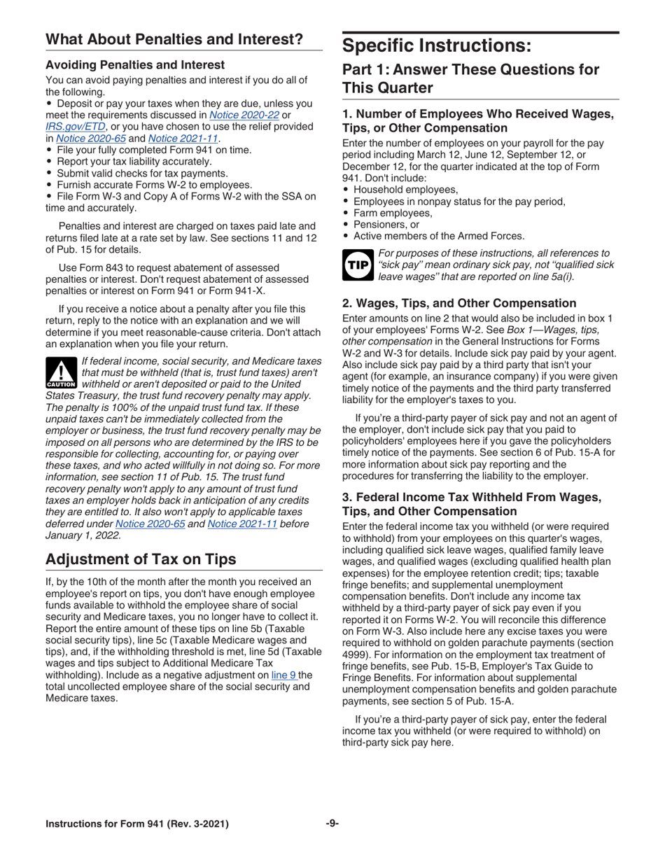 Instructions for IRS Form 941 Employers Quarterly Federal Tax Return, Page 9