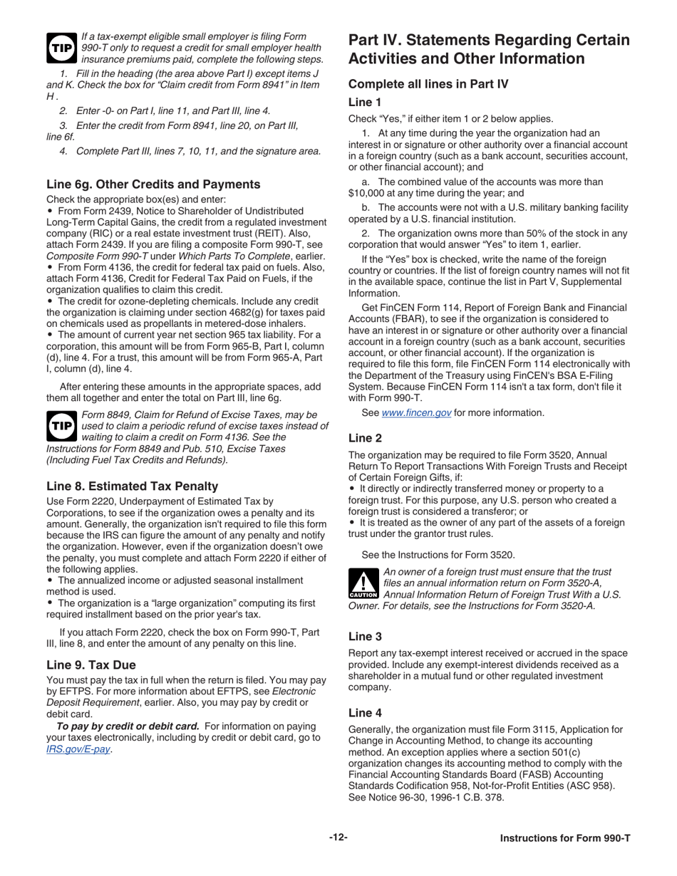 Instructions for IRS Form 990-T Exempt Organization Business Income Tax Return (And Proxy Tax Under Section 6033(E)), Page 12