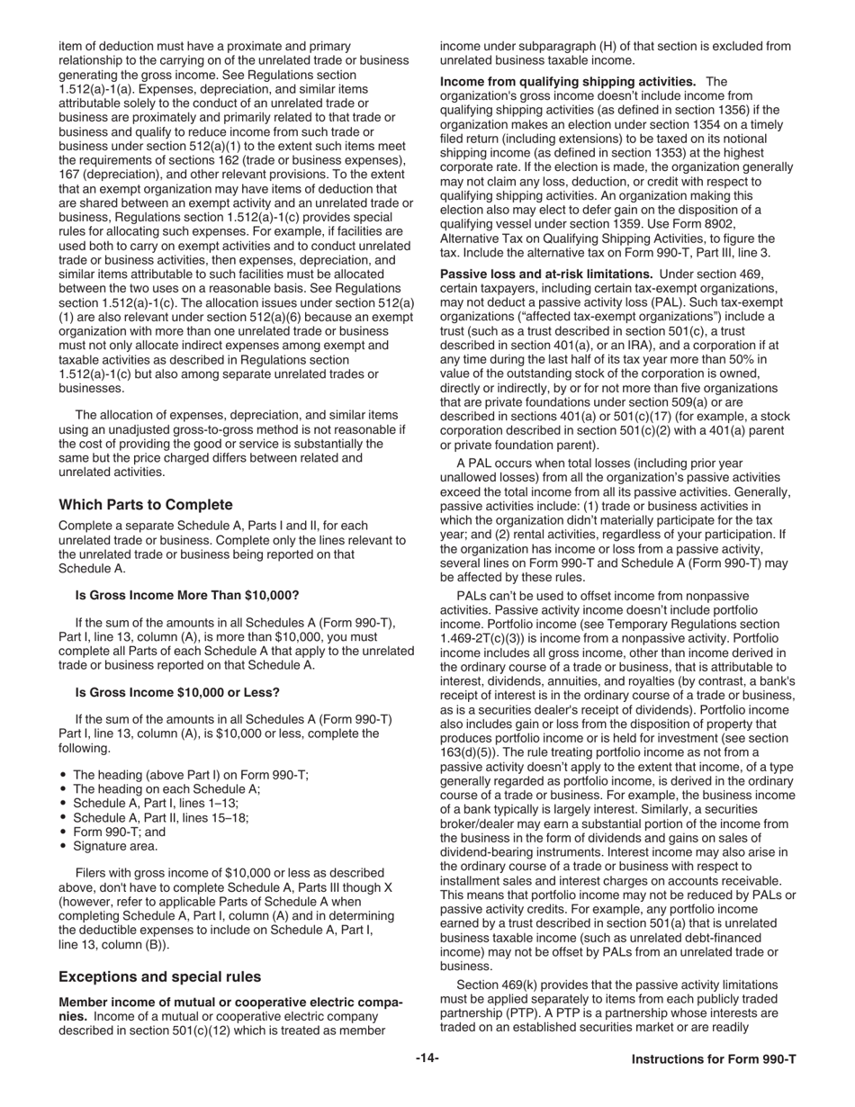 Instructions for IRS Form 990-T Exempt Organization Business Income Tax Return (And Proxy Tax Under Section 6033(E)), Page 14