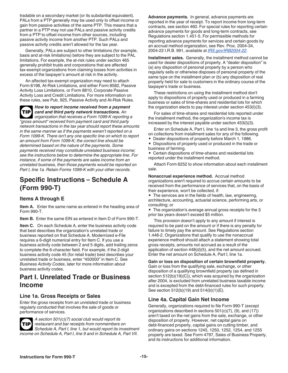 Instructions for IRS Form 990-T Exempt Organization Business Income Tax Return (And Proxy Tax Under Section 6033(E)), Page 15