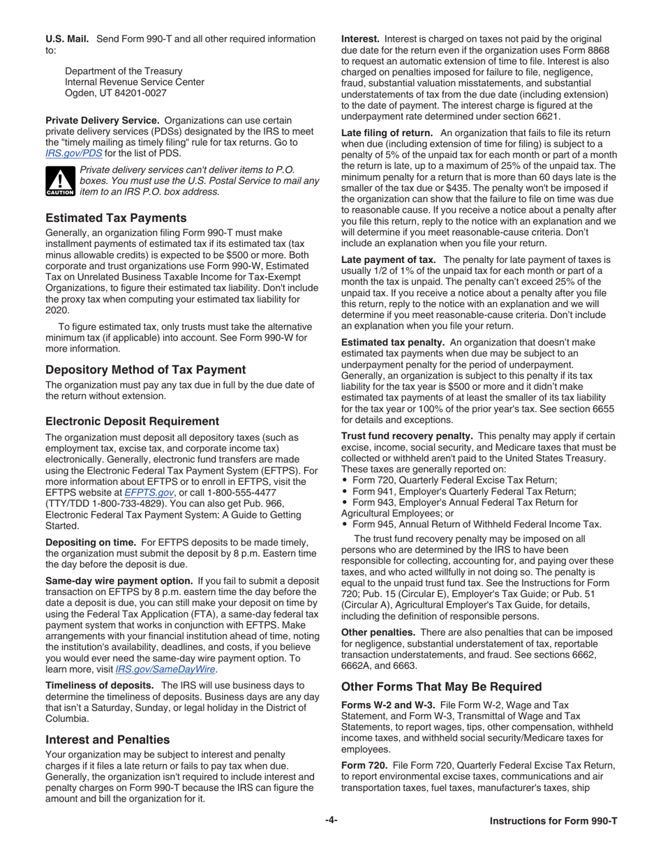 Instructions for IRS Form 990-T Exempt Organization Business Income Tax Return (And Proxy Tax Under Section 6033(E)), Page 4