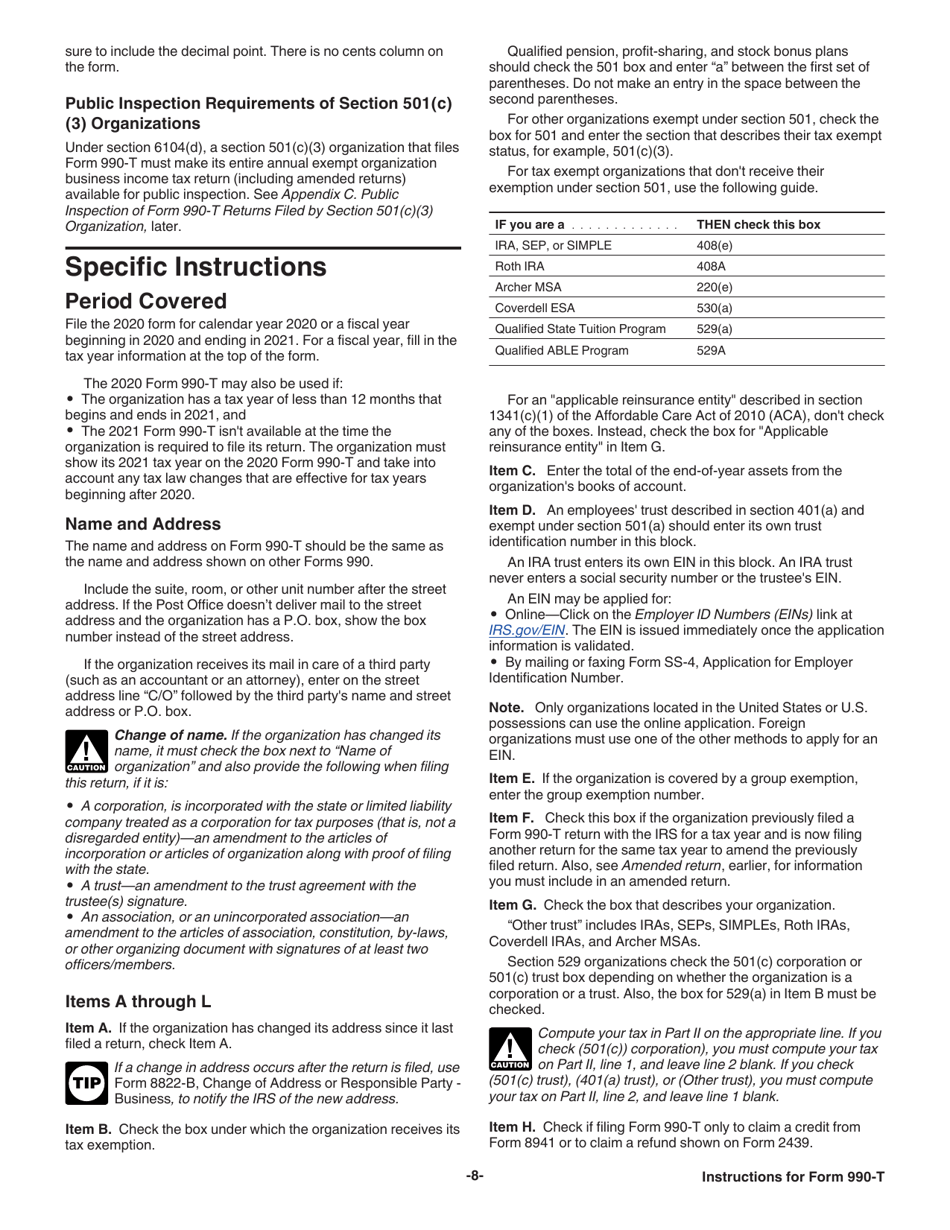 Instructions for IRS Form 990-T Exempt Organization Business Income Tax Return (And Proxy Tax Under Section 6033(E)), Page 8
