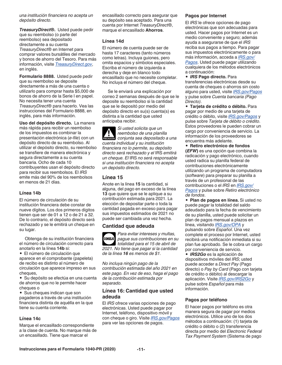 Instrucciones para IRS Formulario 1040-PR Planilla Para La Declaracion De La Contribucion Federal Sobre El Trabajo Por Cuenta Propia (Incluyendo El Credito Tributario Adicional Por Hijos Para Residentes Bona Fide De Puerto Rico) (Puerto Rican Spanish), Page 11