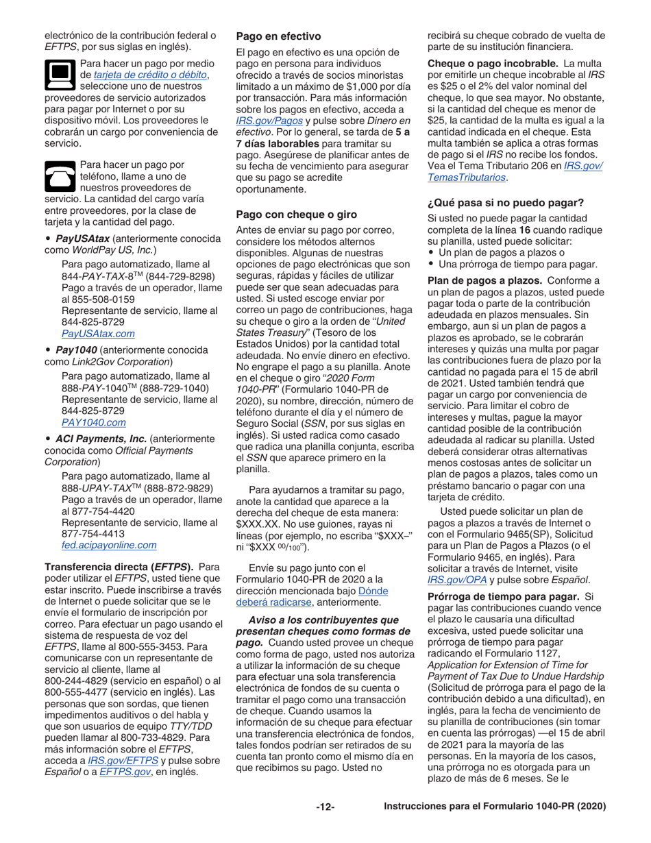 Instrucciones para IRS Formulario 1040-PR Planilla Para La Declaracion De La Contribucion Federal Sobre El Trabajo Por Cuenta Propia (Incluyendo El Credito Tributario Adicional Por Hijos Para Residentes Bona Fide De Puerto Rico) (Puerto Rican Spanish), Page 12