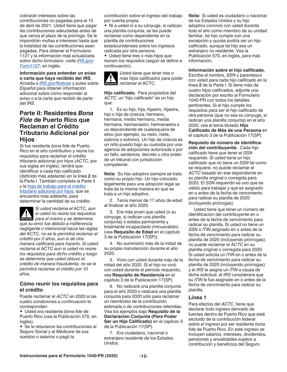 Instrucciones para IRS Formulario 1040-PR Planilla Para La Declaracion De La Contribucion Federal Sobre El Trabajo Por Cuenta Propia (Incluyendo El Credito Tributario Adicional Por Hijos Para Residentes Bona Fide De Puerto Rico) (Puerto Rican Spanish), Page 13
