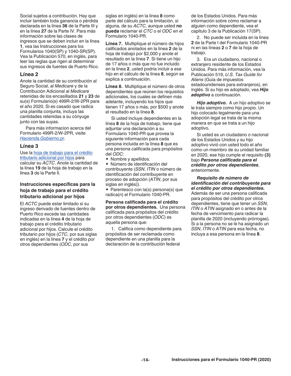 Instrucciones para IRS Formulario 1040-PR Planilla Para La Declaracion De La Contribucion Federal Sobre El Trabajo Por Cuenta Propia (Incluyendo El Credito Tributario Adicional Por Hijos Para Residentes Bona Fide De Puerto Rico) (Puerto Rican Spanish), Page 14