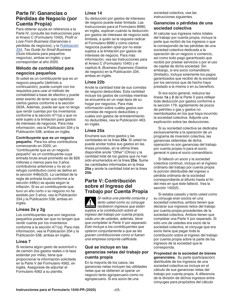 Instrucciones para IRS Formulario 1040-PR Planilla Para La Declaracion De La Contribucion Federal Sobre El Trabajo Por Cuenta Propia (Incluyendo El Credito Tributario Adicional Por Hijos Para Residentes Bona Fide De Puerto Rico) (Puerto Rican Spanish), Page 17