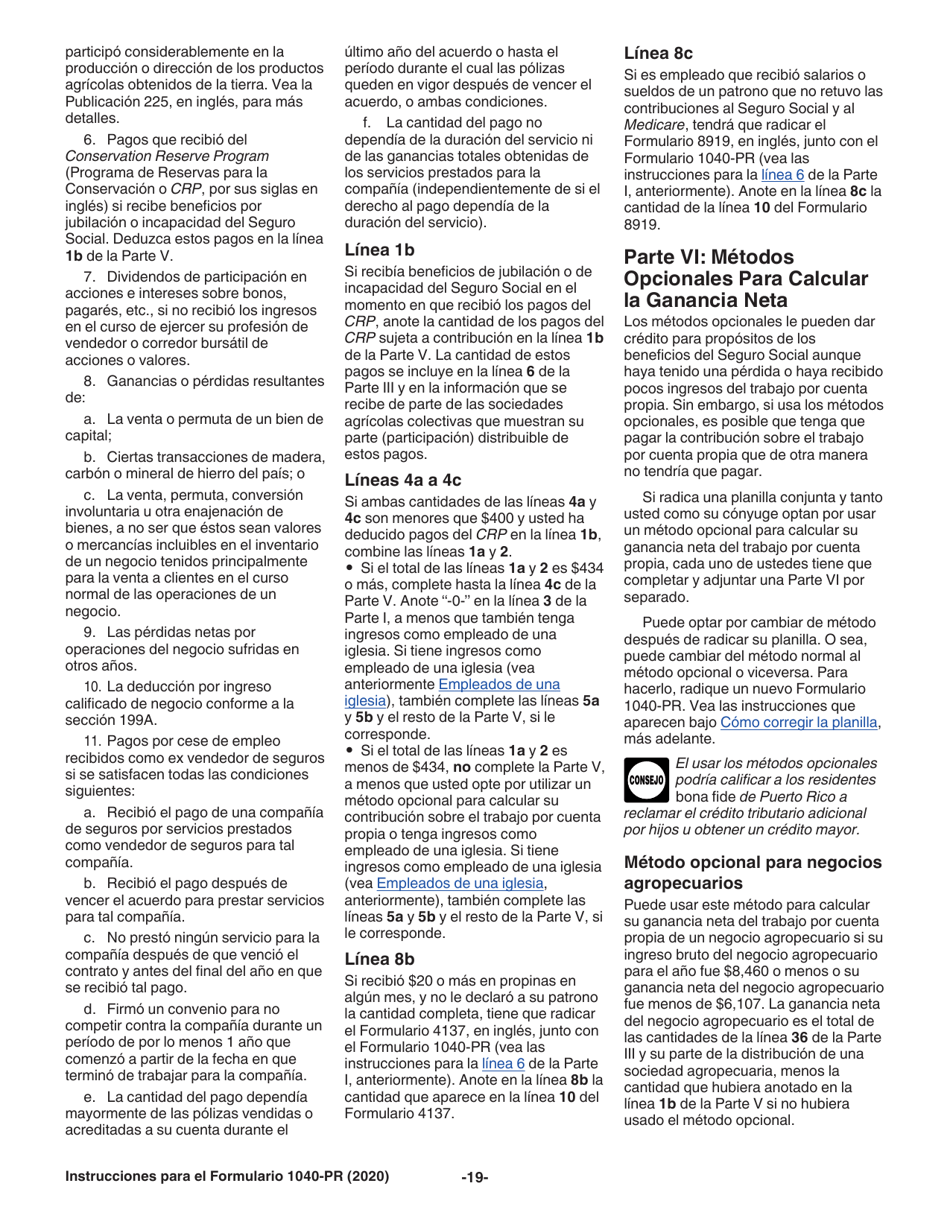 Instrucciones para IRS Formulario 1040-PR Planilla Para La Declaracion De La Contribucion Federal Sobre El Trabajo Por Cuenta Propia (Incluyendo El Credito Tributario Adicional Por Hijos Para Residentes Bona Fide De Puerto Rico) (Puerto Rican Spanish), Page 19